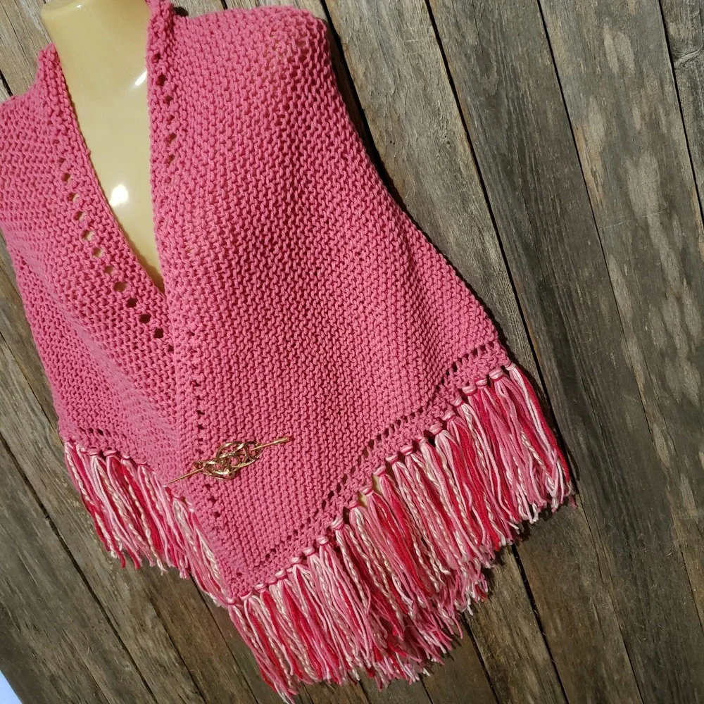 NEW Pink Hand Knitted Shawl Wrap Boho Fringe Cottage‎ Coquette Soft Girl Fairy